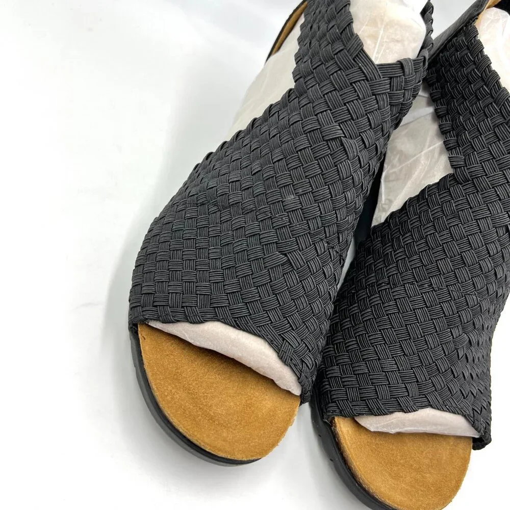 Comfortiva Womens Size‎ 6.5 Black Leather Textile Woven Wedges Sandals Shoes